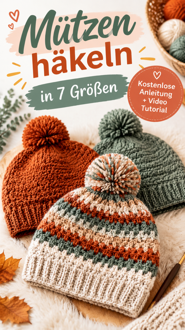 Einfache Beanie häkeln Kostenlose Anleitung für 7 Größen