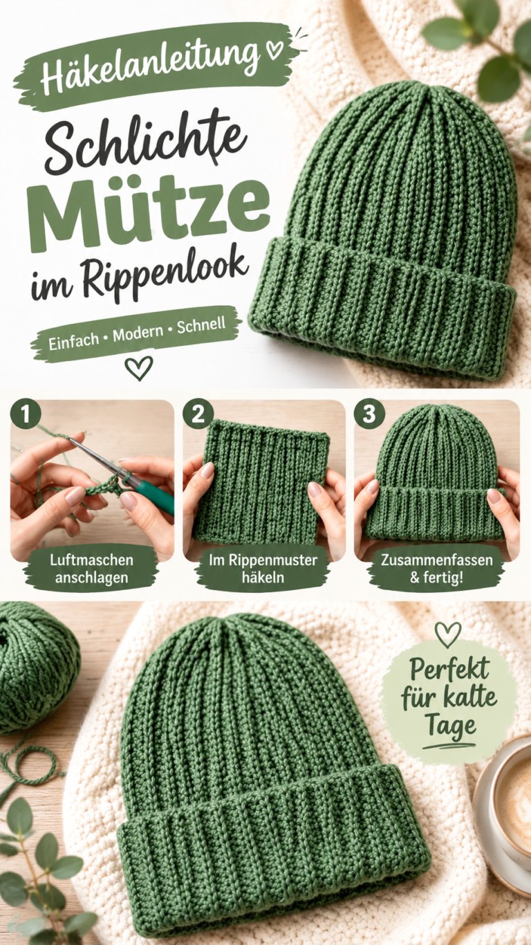 Einfache Häkelmütze im Stricklook  kostenlose Beanie-Häkelanleitung für Anfänger