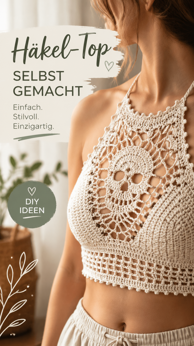 Gehäkeltes Bikini-Top im Boho-Stil  Cremefarbenes Häkeloberteil mit Totenkopf-Muster