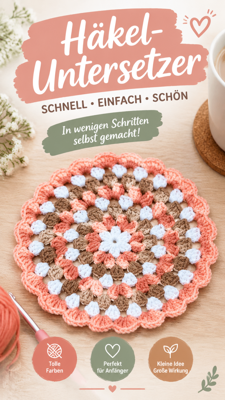 Runde gehäkelte Teppiche  Bunte Häkelmuster in Koralle, Weiß und Braun