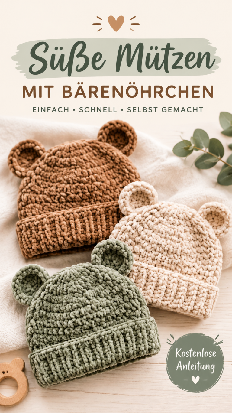 Gehäkelte Baby Mütze mit Teddybär-Ohren  süßes Häkelmuster für Babys