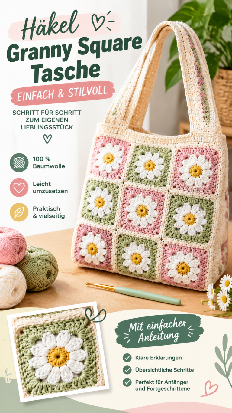 Häkelanleitung für eine Daisy-Granny-Square-Tasche mit Blumen und Schulterriemen