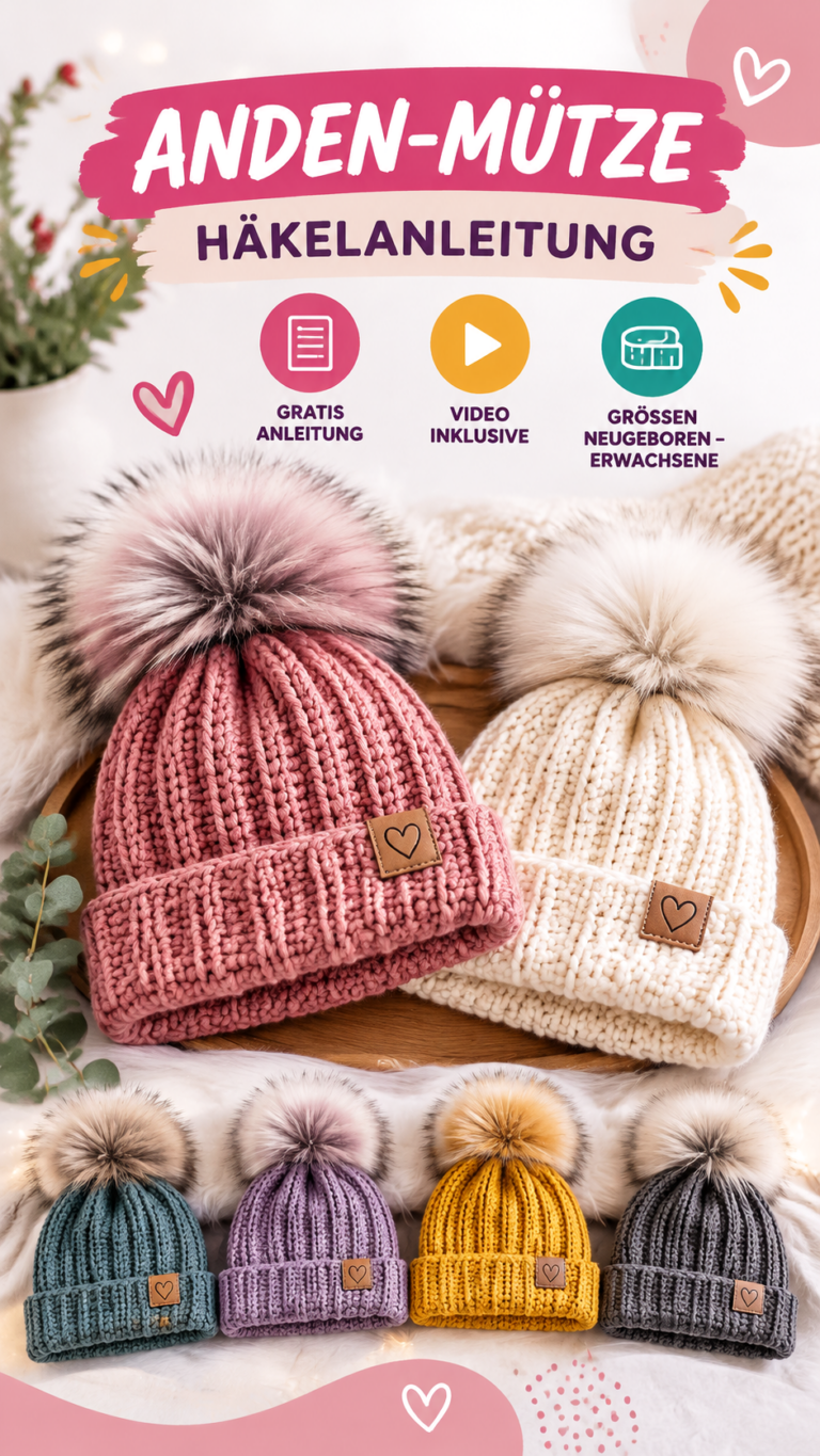 Kostenloses Häkelmuster Beanie Mütze mit Bommel häkeln