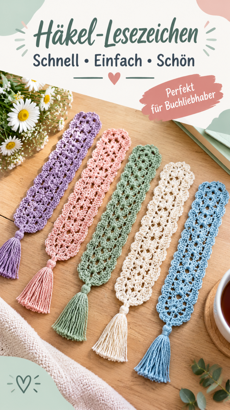 Gehäkelte Lesezeichen mit Blumenmuster und dekorativen Quasten selber machen