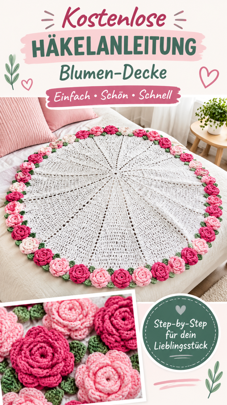Häkeldecke mit Blumenrand  Kostenlose Anleitung für eine romantische Blumenstrauß-Decke
