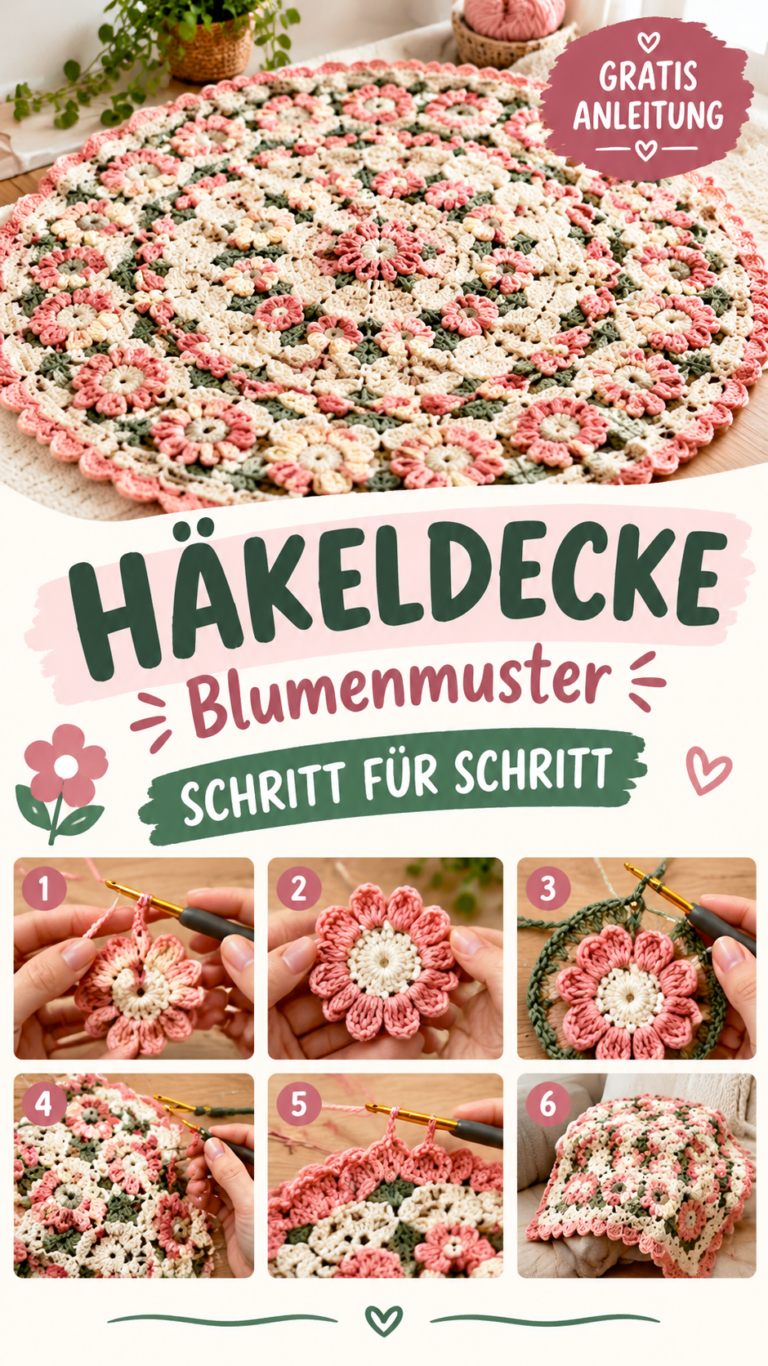 Gehäkelte Rosenblüten-Decke  Runde Blumendecke mit Rosenrand selber häkeln