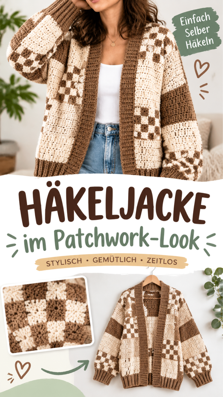 Häkel-Cardigan in Braun und Beige  Trendige Patchwork-Strickjacke häkeln