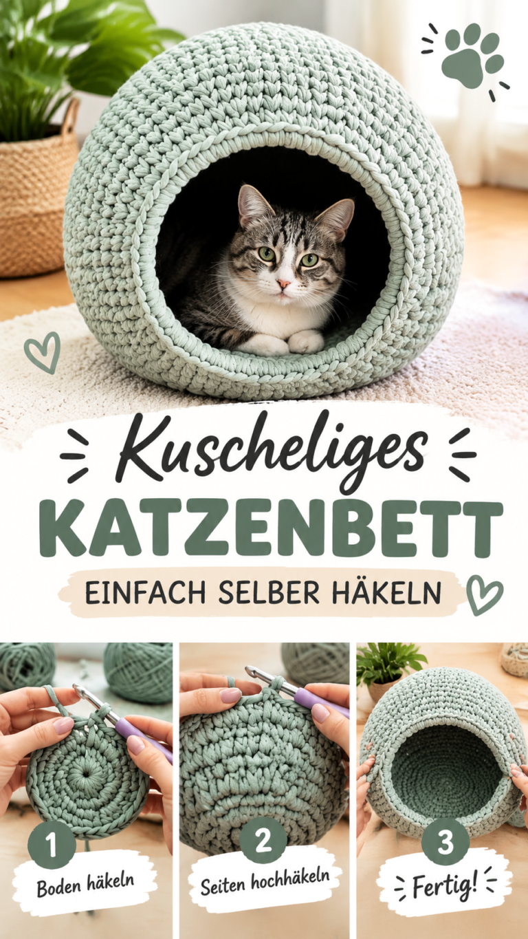Katzenhöhle häkeln Gemütliches DIY-Katzenbett aus dickem Garn selber machen