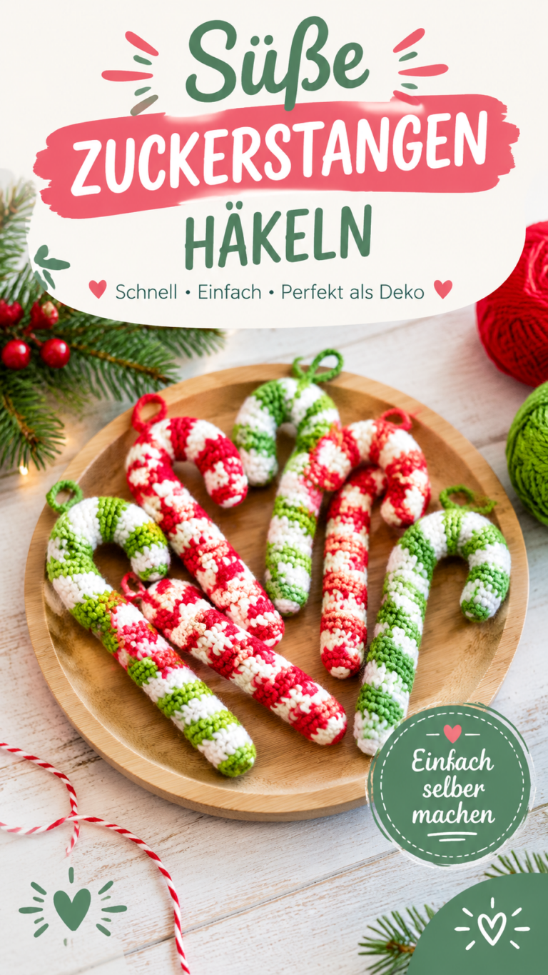 Gehäkelte Weihnachtsdeko Zuckerstangen als festliche Häkelanhänger für den Weihnachtsbaum