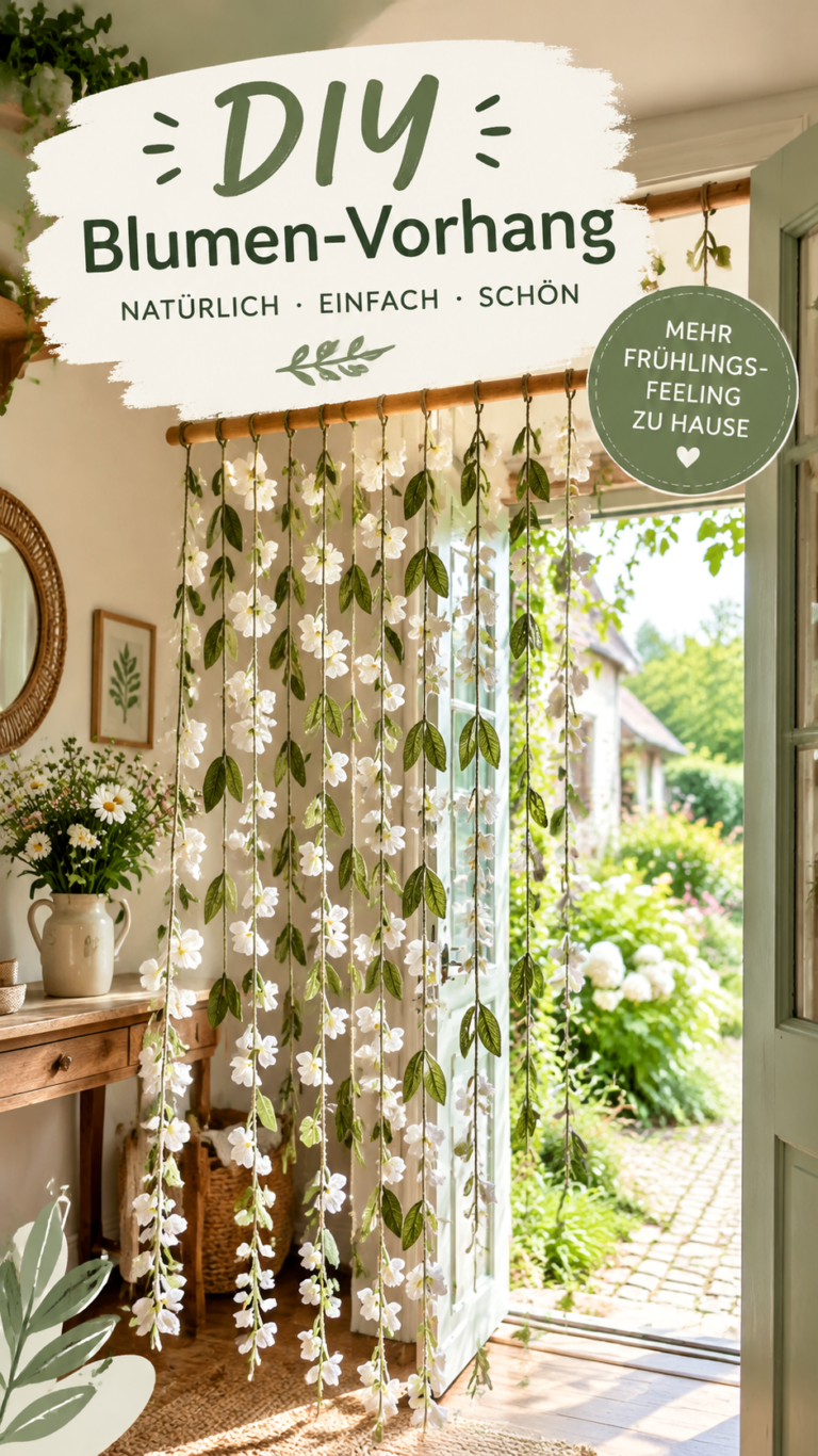 Gehäkelter Türvorhang mit Blumen und Blättern im romantischen Landhausstil