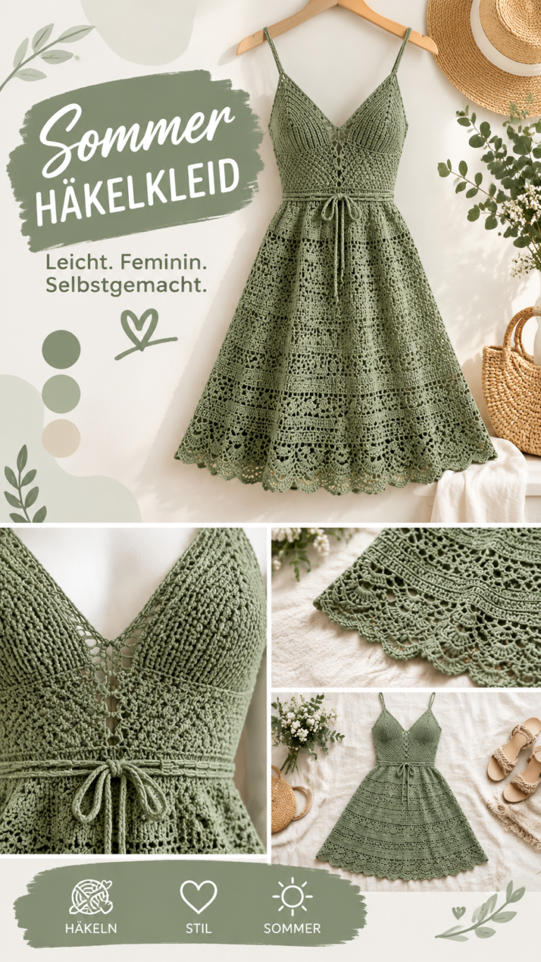 Gehäkeltes Sommerkleid in Salbeigrün  Boho-Kleid mit Spitze und romantischem Design