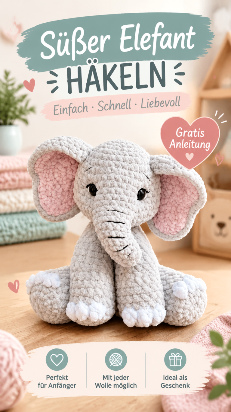 Gehäkelter Elefant  Süßes Kuscheltier mit weichen Ohren und niedlichen Details