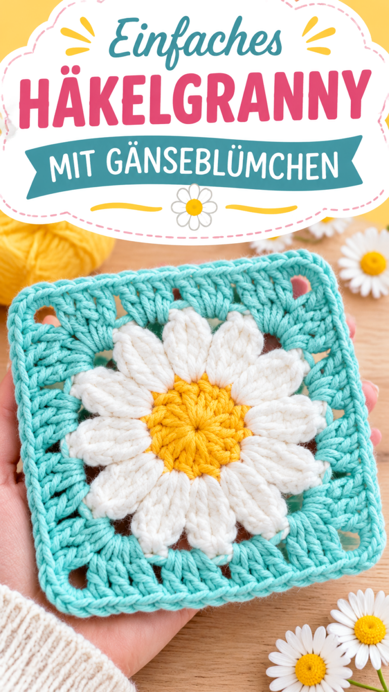 Einfache Häkelanleitung Gänseblümchen-Granny-Square mit Blume in Rosa und Weiß