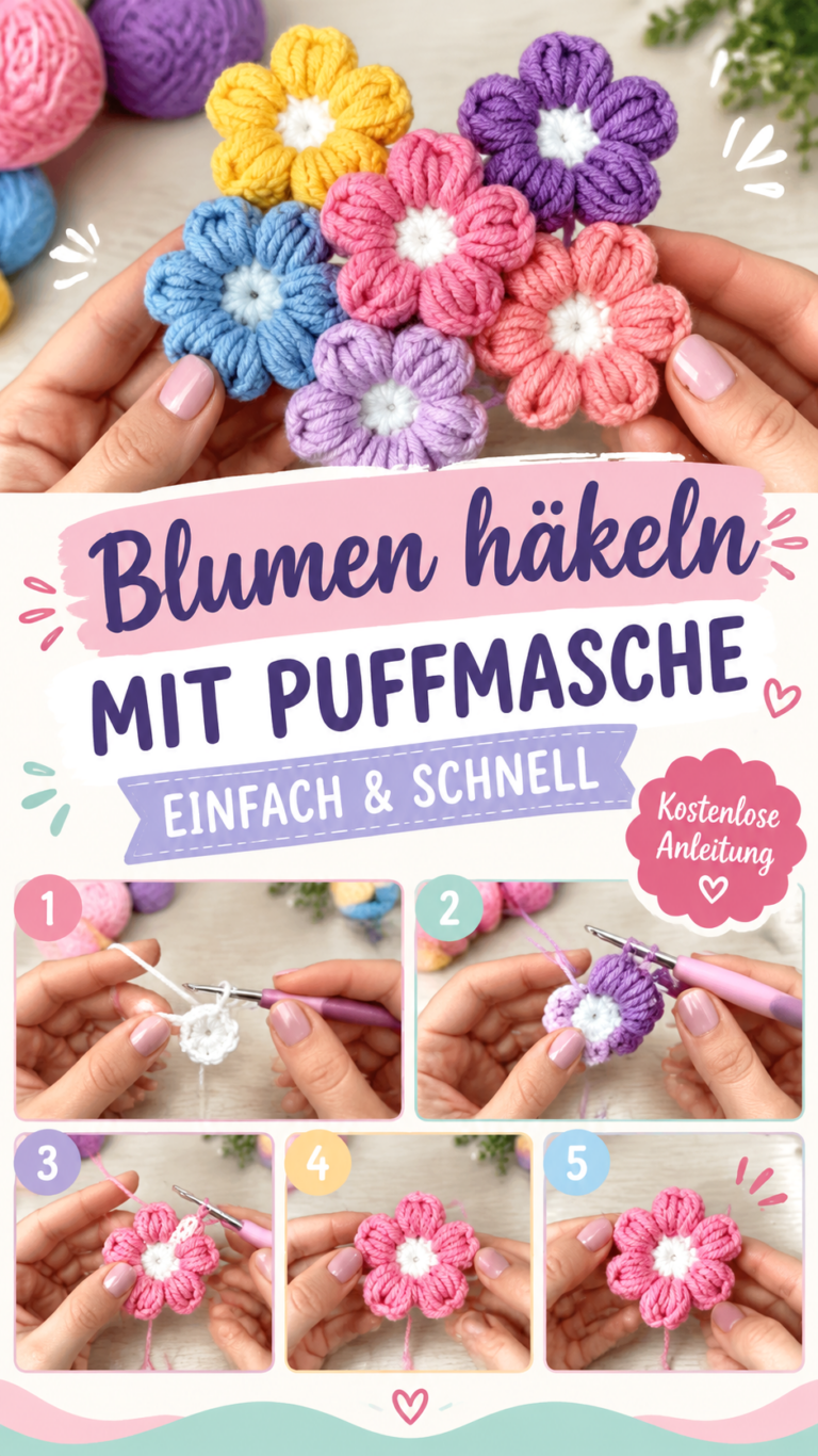 Einfache Häkelblumen Anleitung Puffstich-Blüten selber häkeln