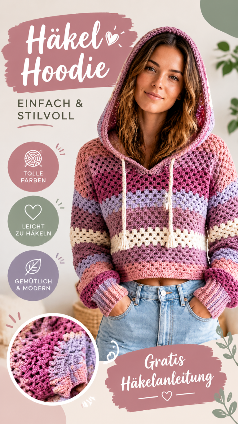 Häkel-Hoodie selber machen Trendiger bunter Crochet-Pullover mit kostenloser Häkelanleitung