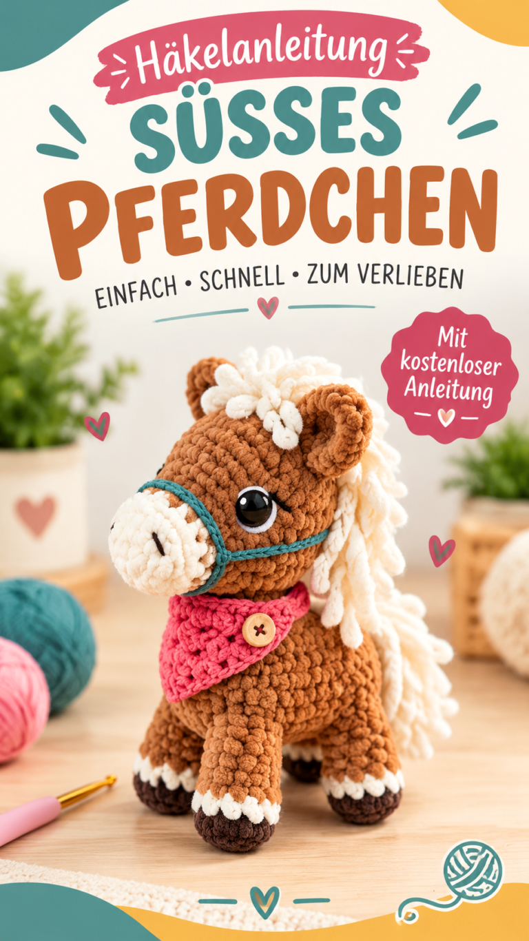 Häkelpferd Kuscheltier selber häkeln  Süßes Amigurumi Pferd mit Mähne und Halstuch