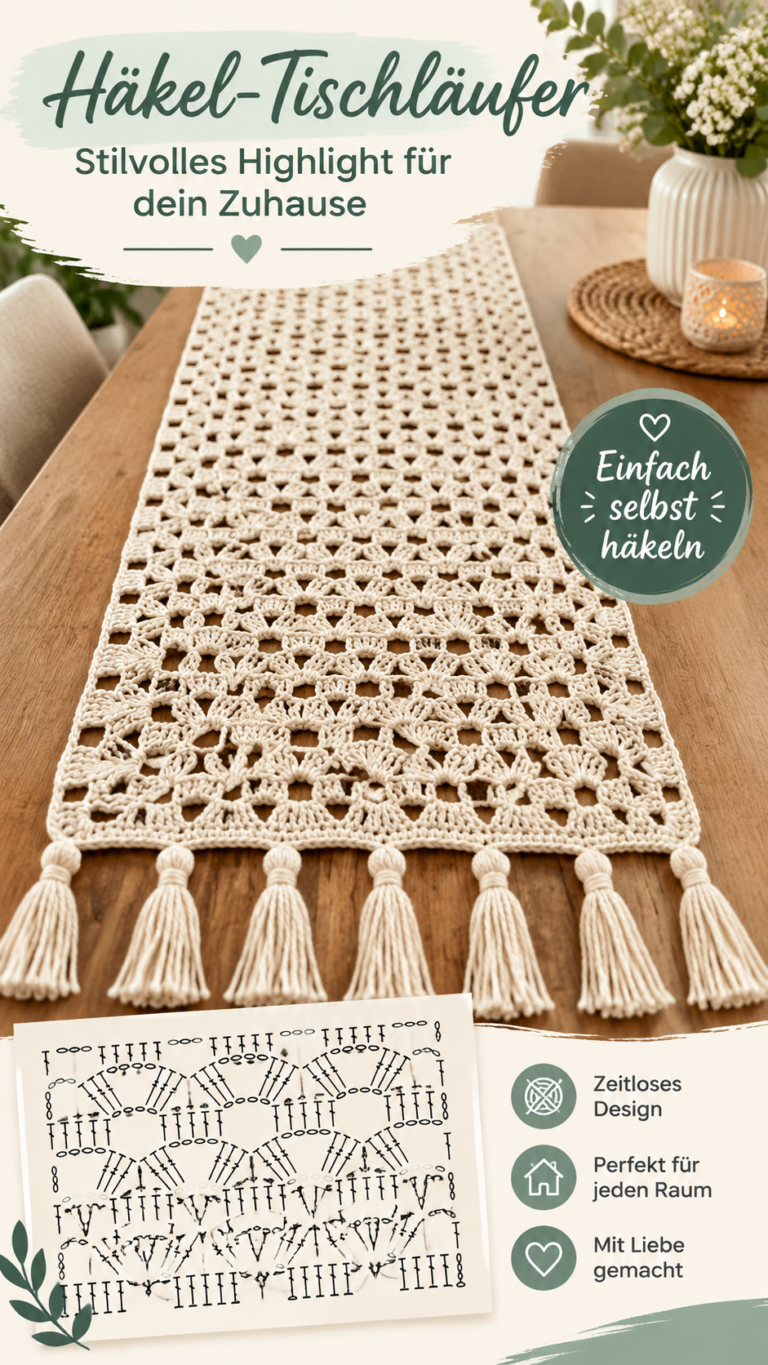 Rechteckiger Häkel-Tischläufer mit Fransen  einfache DIY-Idee für dein Zuhause