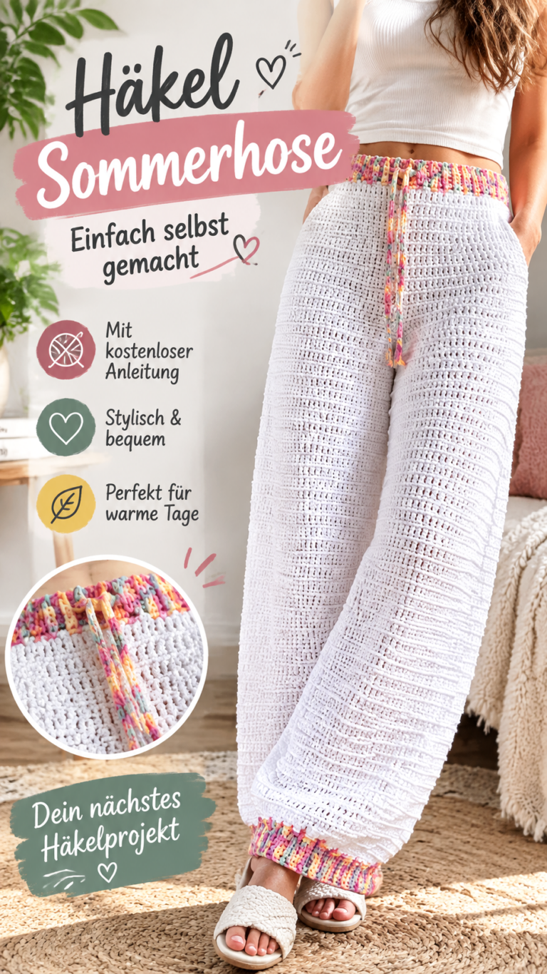 Häkelhose selber machen  Bequeme Crochet Pants mit buntem Bund
