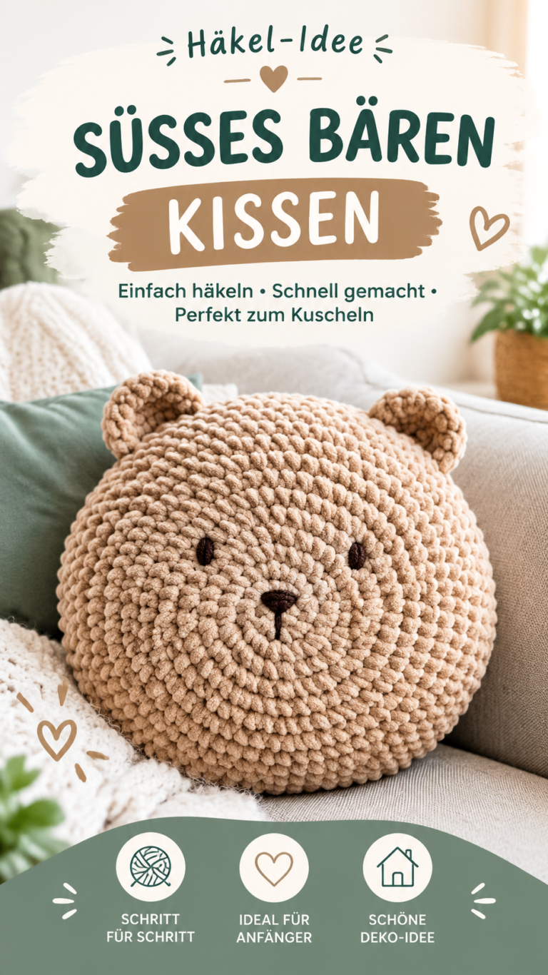Gehäkeltes Bärenkissen  Kuschelige Kissen-Deko in neutralen Naturtönen
