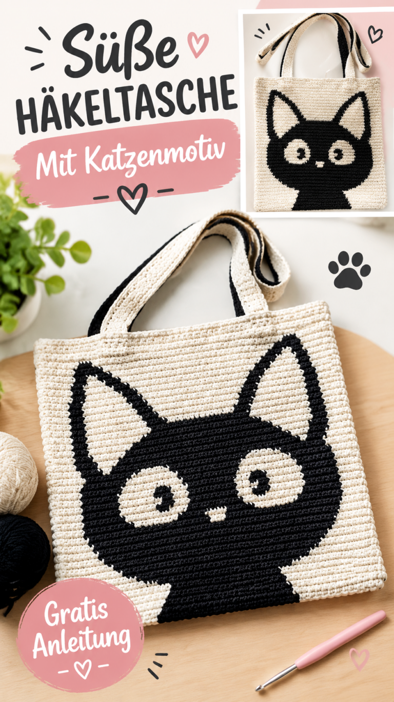 Häkel-Pixelmuster Süße Katzen-Tasche mit grafischem Motiv zum Nachhäkeln