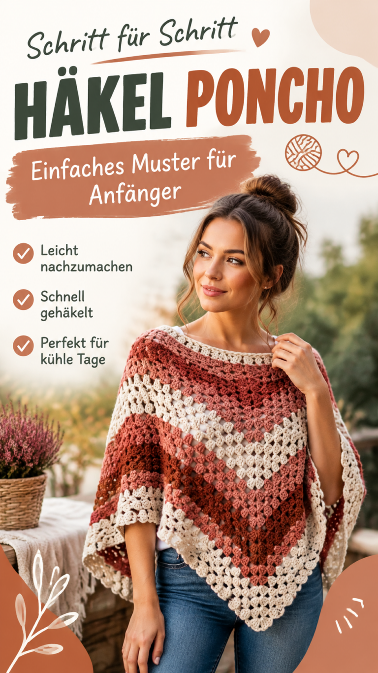 Herbstponcho häkeln  Einfache Häkelanleitung für Anfänger in Bordeauxrot