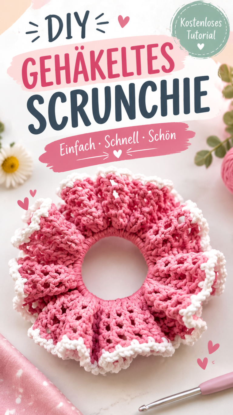 Häkelanleitung für Scrunchie  Haargummi mit Rüschen in Rosa und Weiß