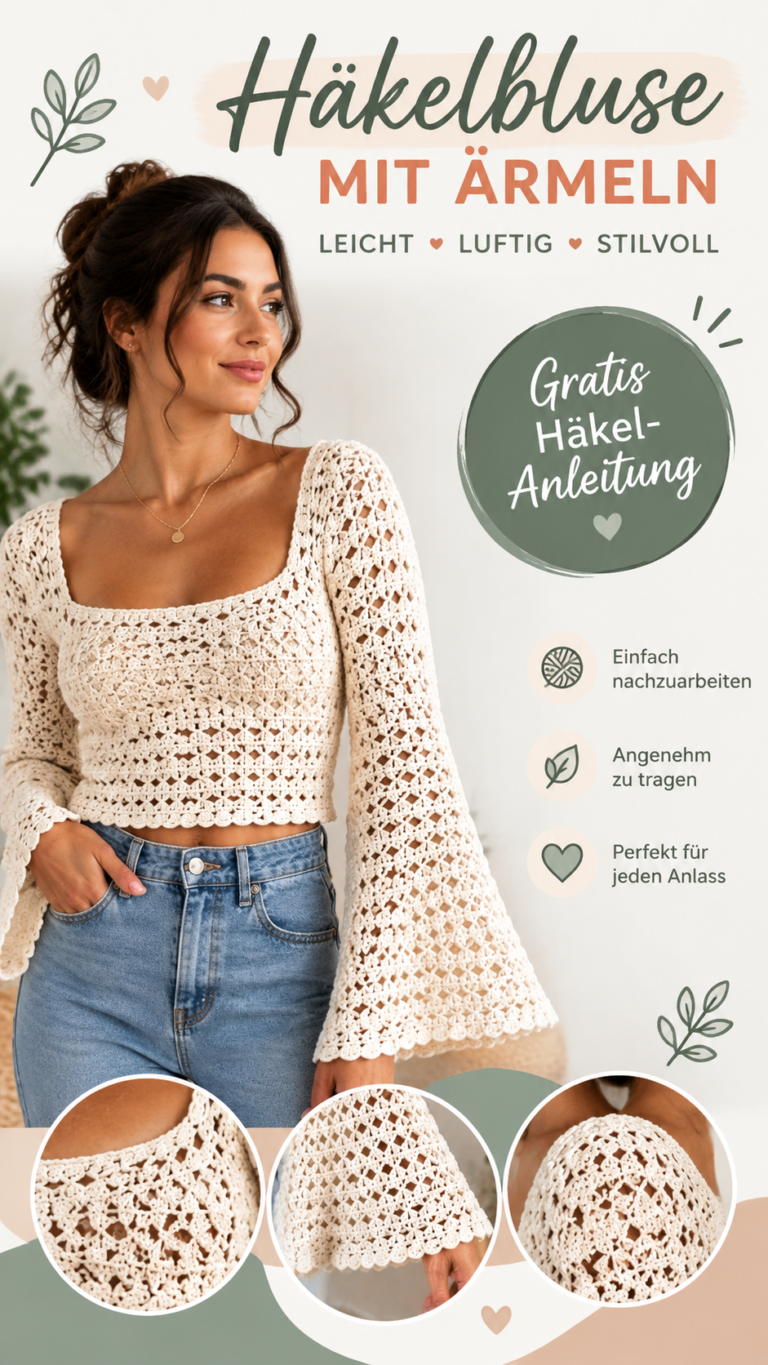 Häkelshirt für Damen mit ausgestellten Glockenärmeln  Luftiges Spitzentop im Boho-Stil