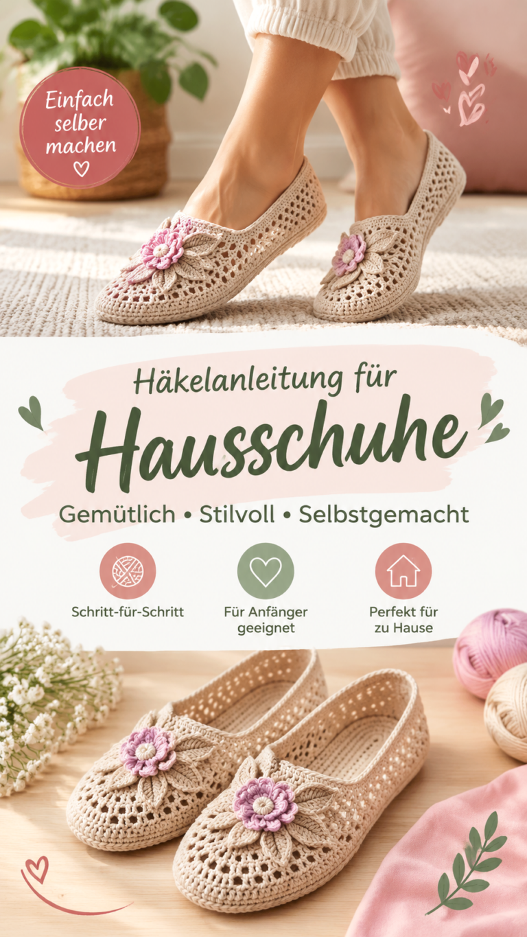 Häkelpantoffeln selber machen Elegante gehäkelte Hausschuhe mit Blumenmuster