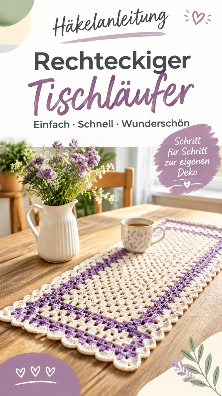 Häkelanleitung für einen rechteckigen Tischläufer mit dekorativem Spitzenrand