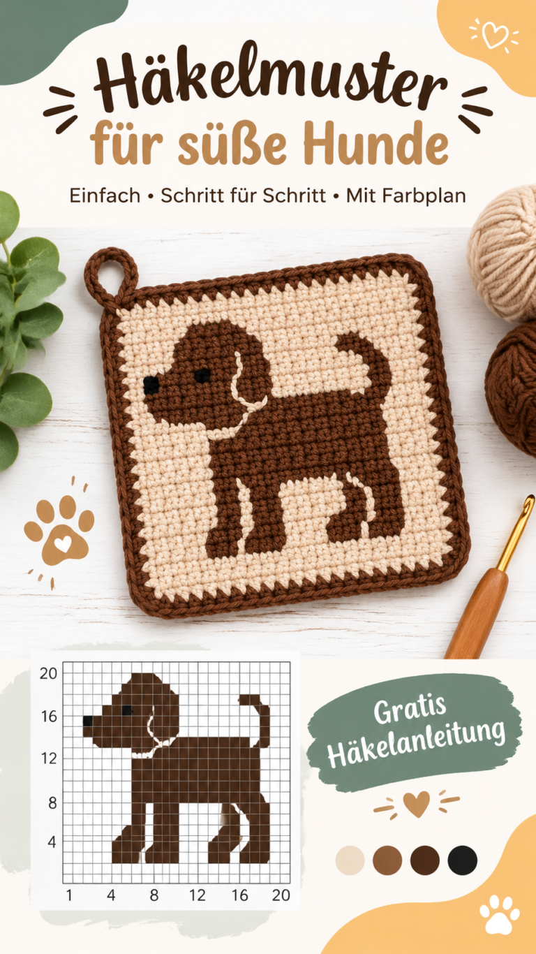 Häkelbild Hund Tapestry Crochet Anleitung mit Farbwechsel und Maschenraster