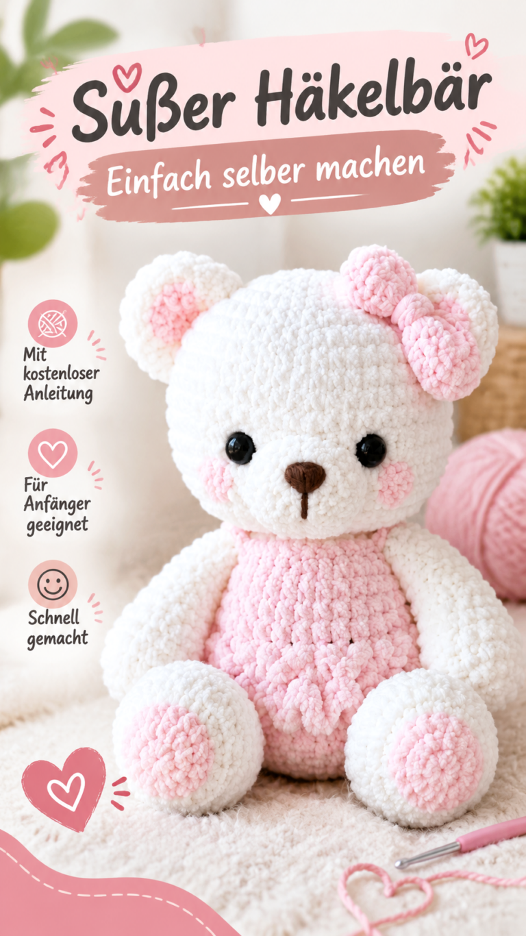 Kostenlose Häkelanleitung Niedlicher Teddybär in Rosa und Weiß häkeln
