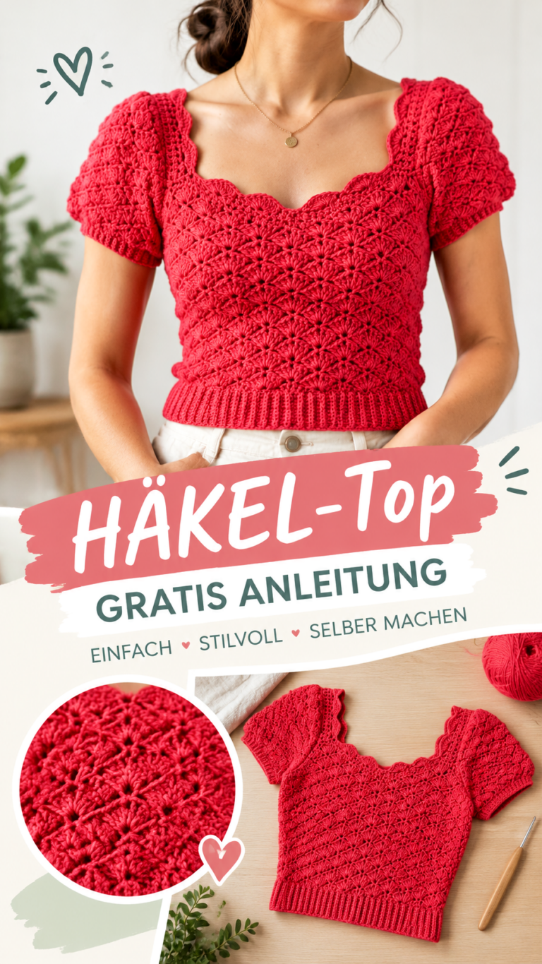 Roter Häkelcrop-Top mit Muschelmuster und Puffärmeln  kostenlose Häkelanleitung