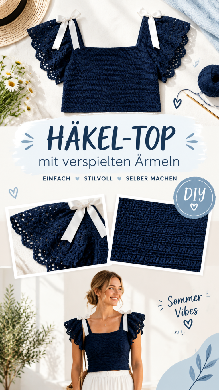 Häkeloberteil mit Rüschenärmeln in Dunkelblau  Stilvolle Top-Ideen zum Selberhäkeln
