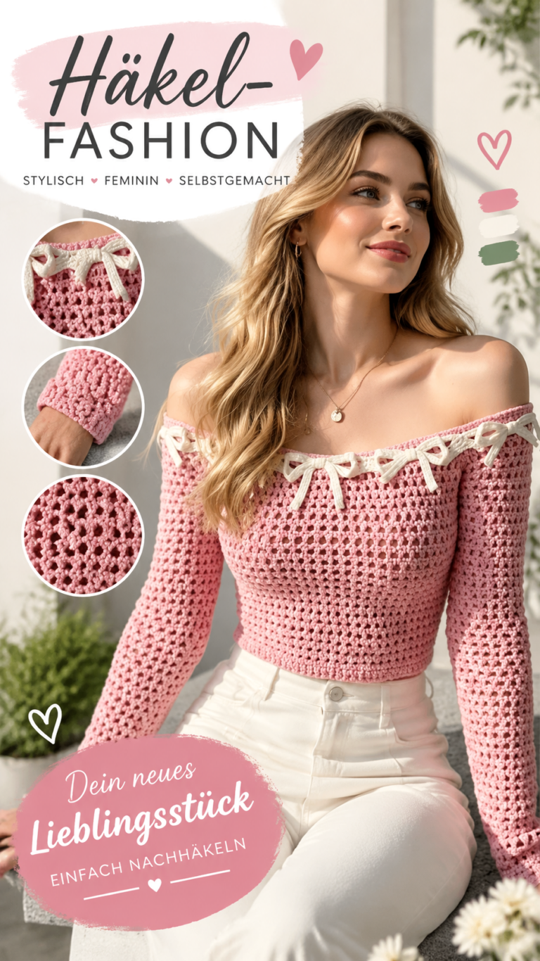 Rosa gehäkeltes Crop-Top mit langen Ärmeln und Schleifendetails  Ästhetische Häkelmode