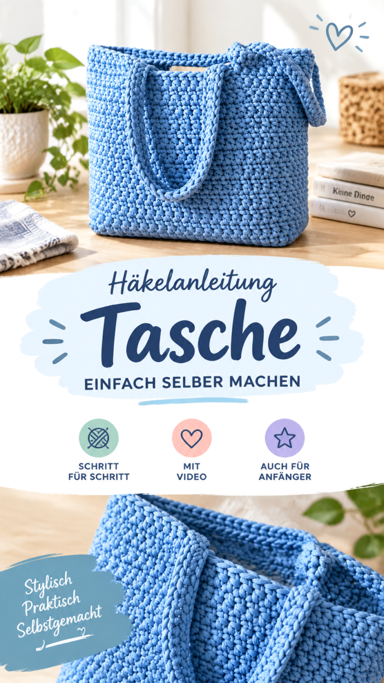 Blaue gehäkelte Tragetasche selber machen  einfache DIY-Anleitung zum Häkeln