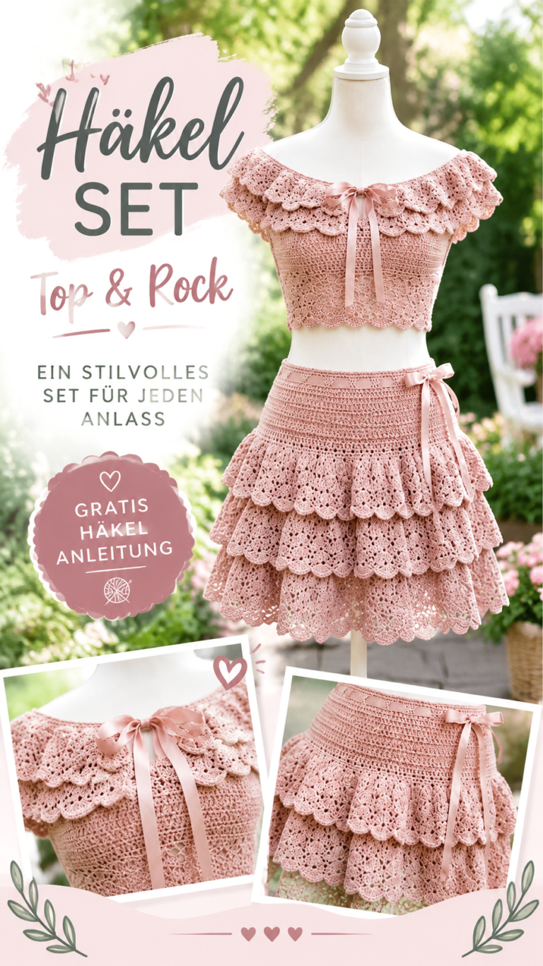 Rosa Häkel-Zweiteiler mit Rüschen  Oberteil und Stufenrock im romantischen Stil