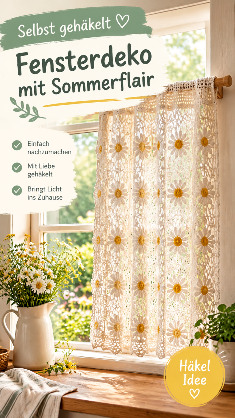 Gehäkelte Scheibengardine mit Gänseblümchen  Romantische Fensterdeko im Landhausstil