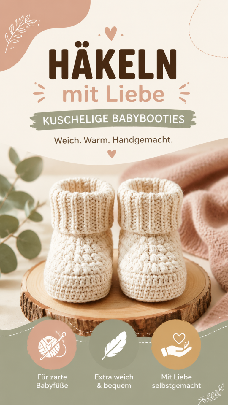 Häkelanleitung für süße Baby-Booties mit geripptem Bündchen in Cremefarben