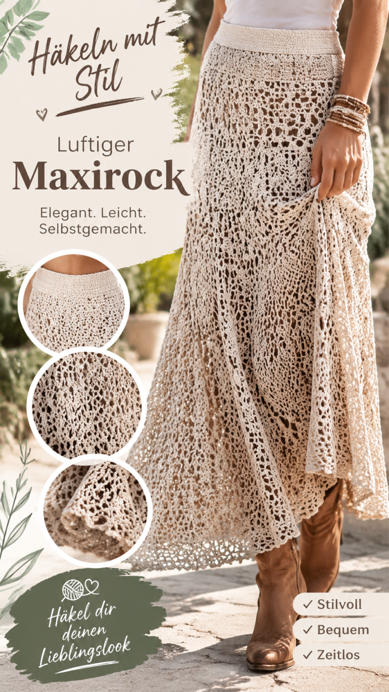 Langer Häkelrock im Boho-Stil  Luftiger Spitzenrock zum Selberhäkeln