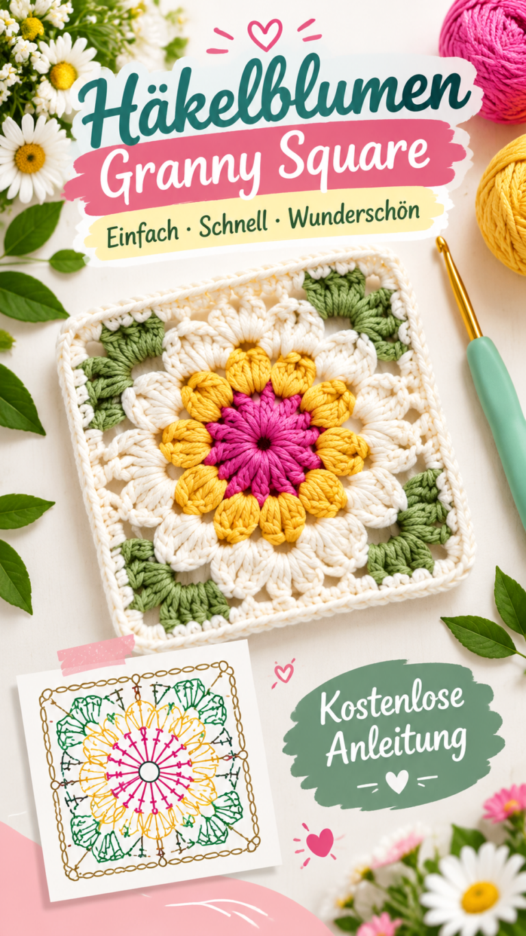 Kostenlose Häkelanleitung Blumen-Granny-Square mit Häkelblüte selber machen