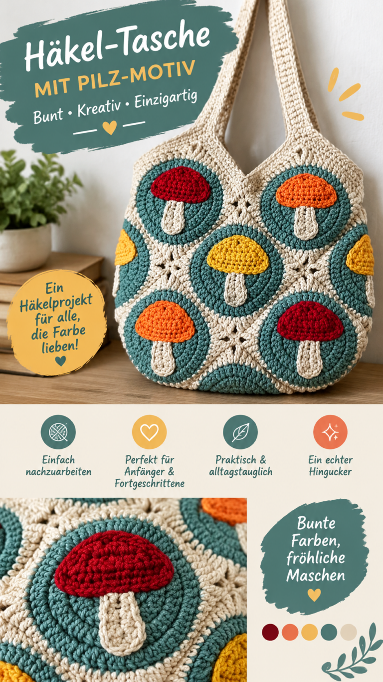 Hippie Häkelprojekt Bunte Pilz-Tasche im Boho-Stil selber häkeln