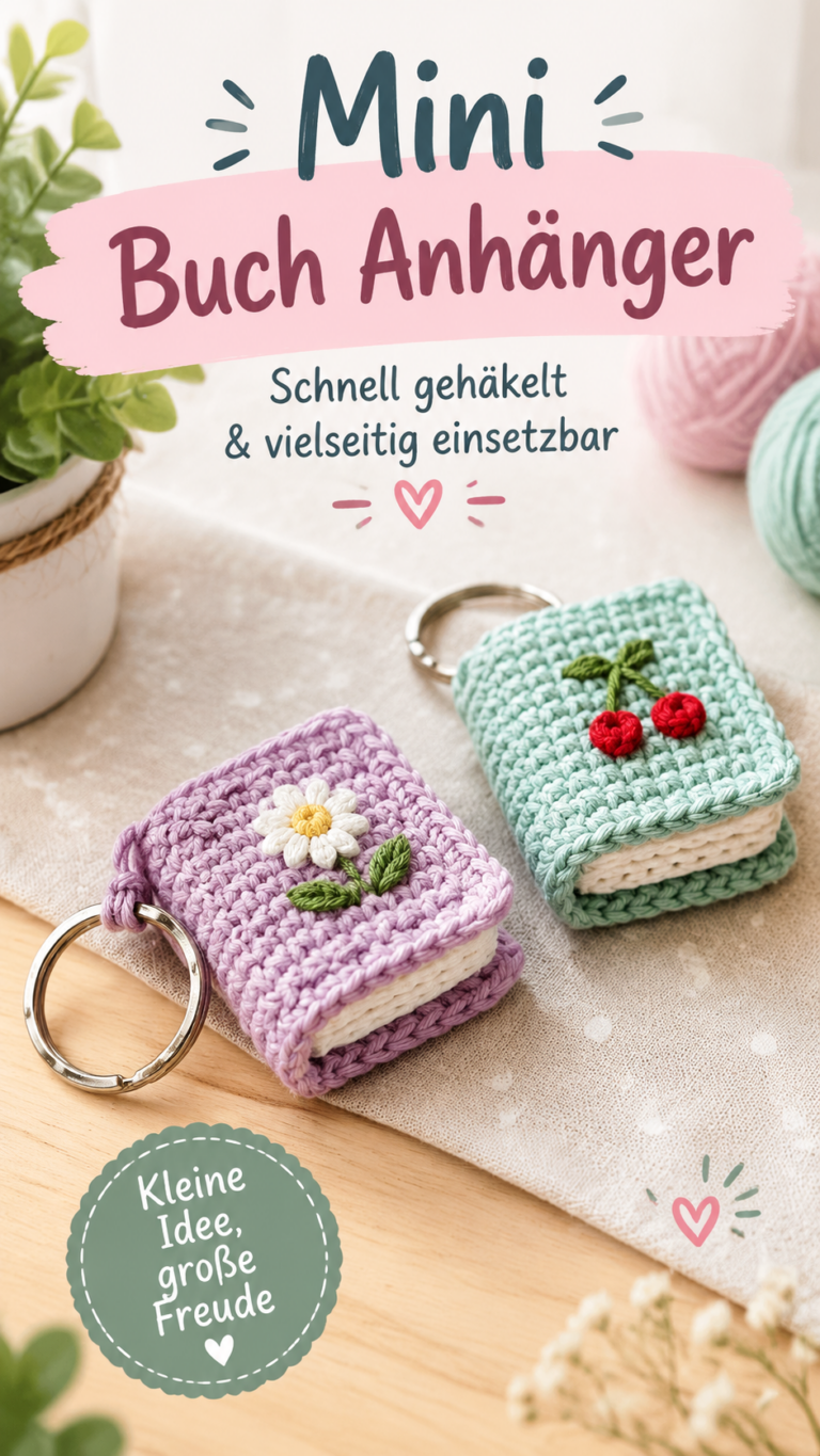 Mini Häkelbücher als Schlüsselanhänger mit Blumen und Kirschen selber häkeln