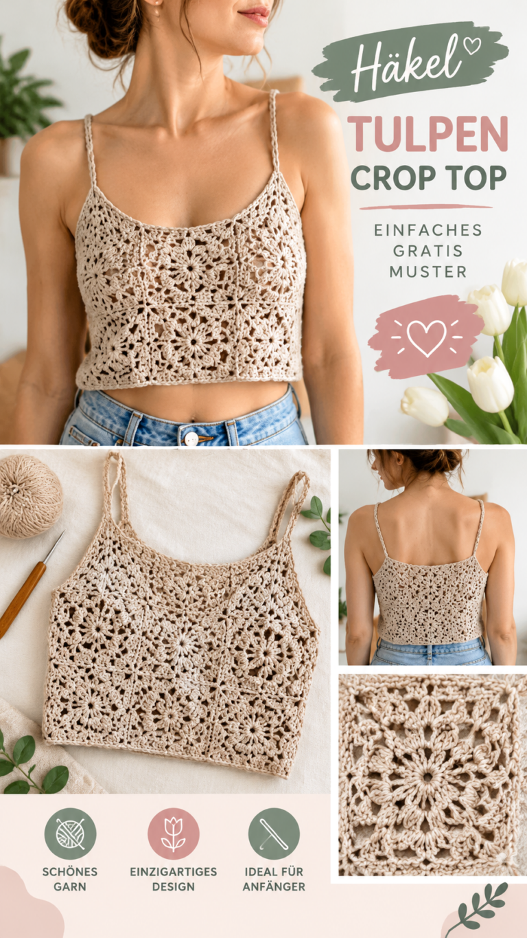 Beiges gehäkeltes Crop Top mit Blumenmuster  Anleitung für ein luftiges Sommertop