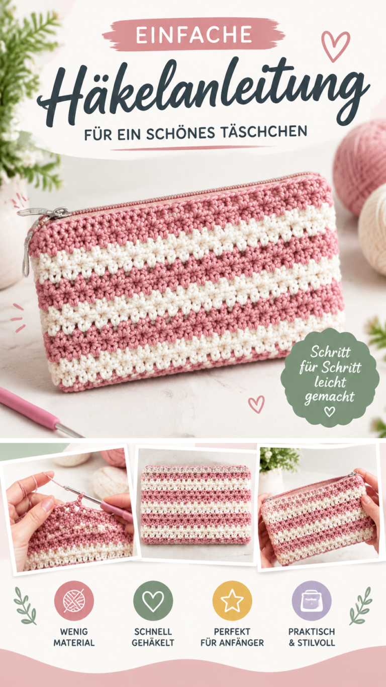 Häkelanleitung für eine gestreifte Kosmetiktasche mit Reißverschluss in Rosa und Creme