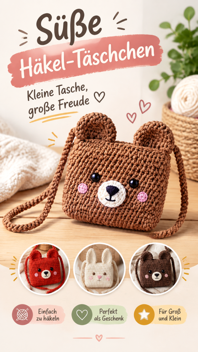 Süße Häkel-Tasche mit Tiermotiv  Kleine Umhängetasche selber machen