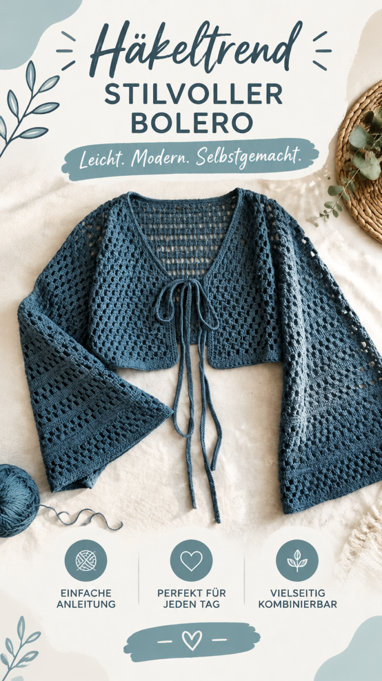 Luftige Sommer-Häkeljacke mit Lochmuster und Trompetenärmeln  Häkelideen für den Sommer