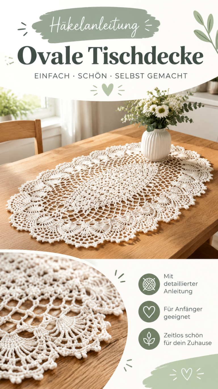 Elegante ovale Häkel-Tischdecke mit Spitzenmuster selber häkeln