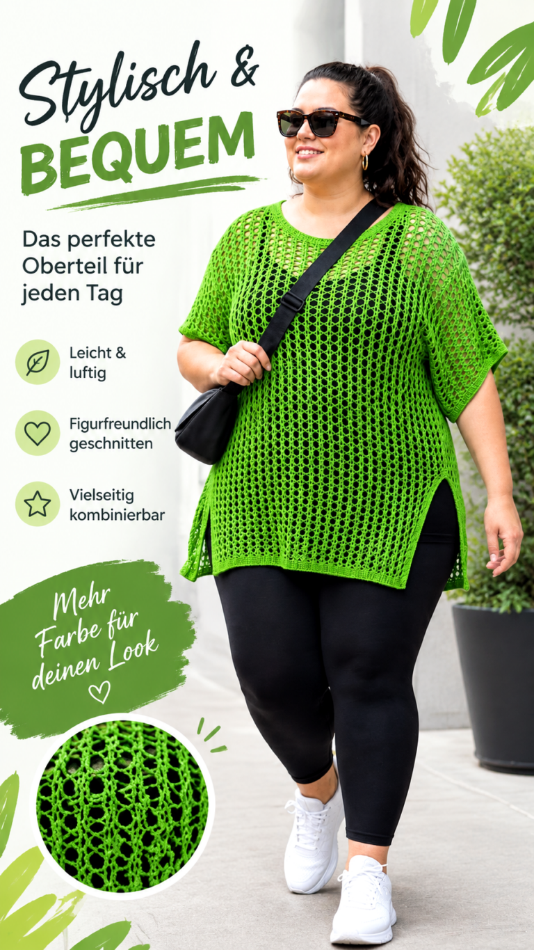 Grüner Häkelponcho für den Sommer  Luftiges Oberteil im Netzmuster