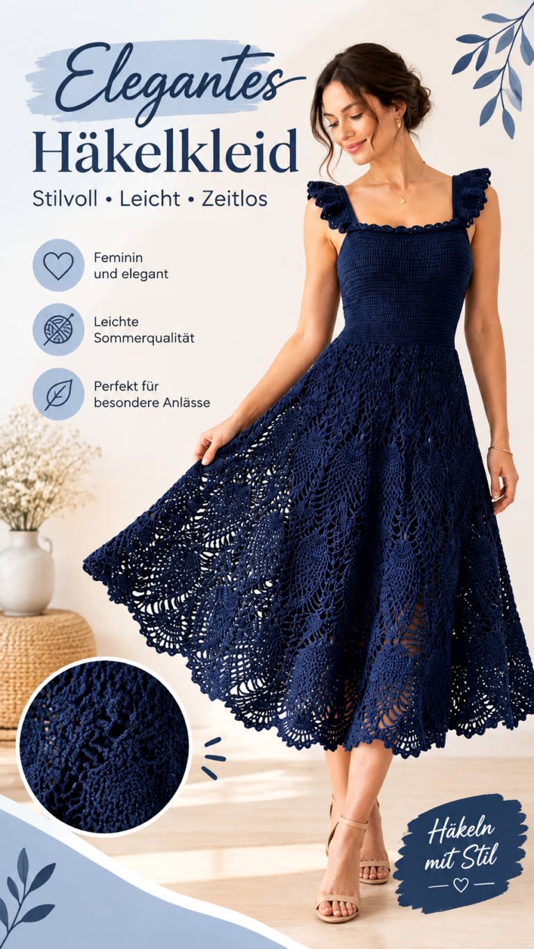 Elegantes Häkelkleid mit Spitzenmuster  stilvolle Crochet Mode zum Selbermachen