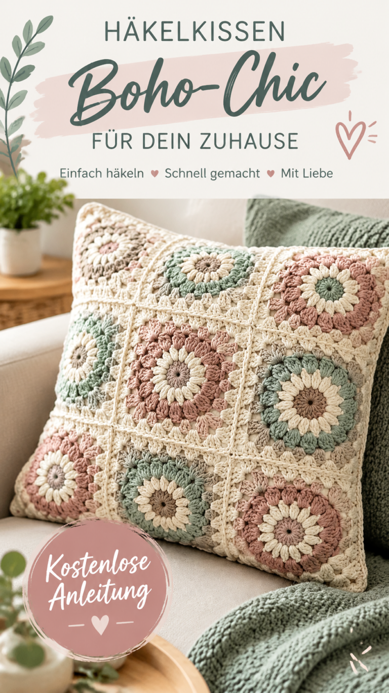 Vintage Häkelkissen im Boho-Stil  Blumenmuster in Creme, Beige und Salbeigrün